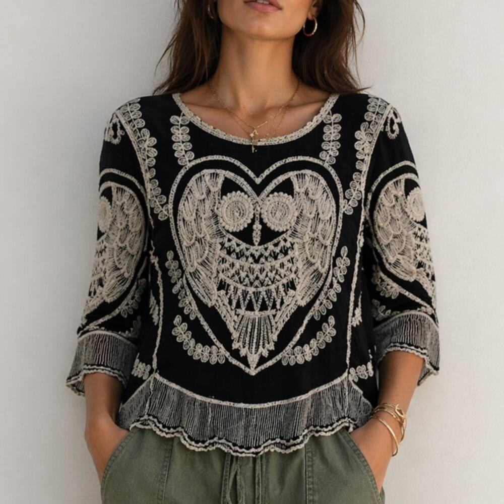ETC. Top Women's All Around Embroidered Owl Design Black Bohemian Nature